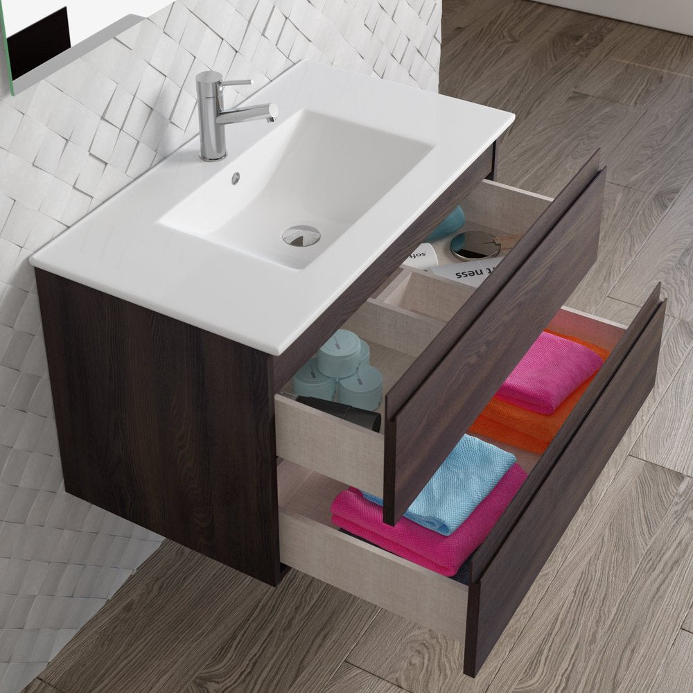 32" Dark Brown Wood Freestanding Bathroom Vanity With White Sink And Two Drawers