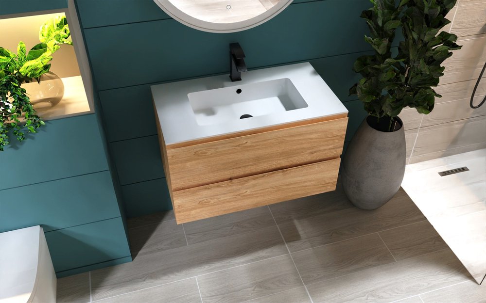 32" Oak Wood Freestanding Bathroom Vanity With White Sink And Two Drawers