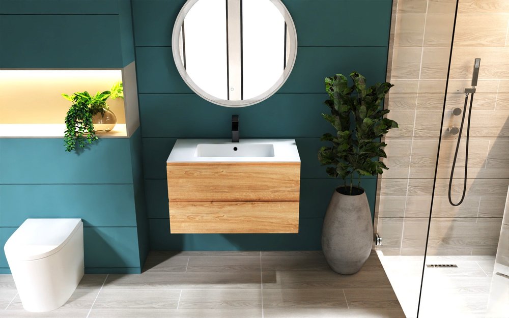 32" Oak Wood Freestanding Bathroom Vanity With White Sink And Two Drawers