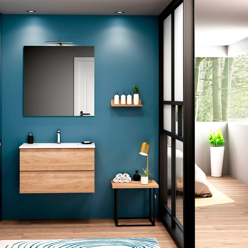 32" Oak Wood Freestanding Bathroom Vanity With White Sink And Two Drawers