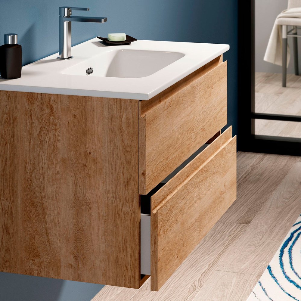 32" Oak Wood Freestanding Bathroom Vanity With White Sink And Two Drawers