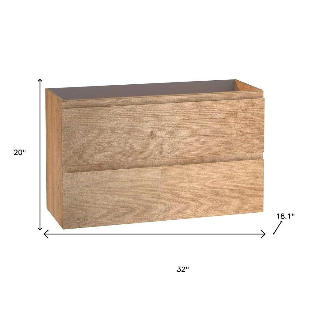 32" Oak Wood Freestanding Bathroom Vanity With White Sink And Two Drawers