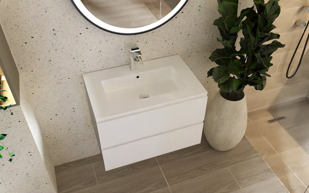 32" White Wood Freestanding Bathroom Vanity With White Sink And Two Drawers