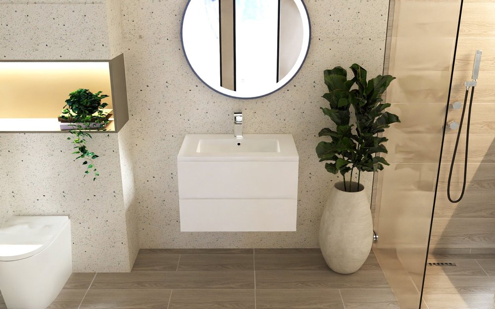 32" White Wood Freestanding Bathroom Vanity With White Sink And Two Drawers