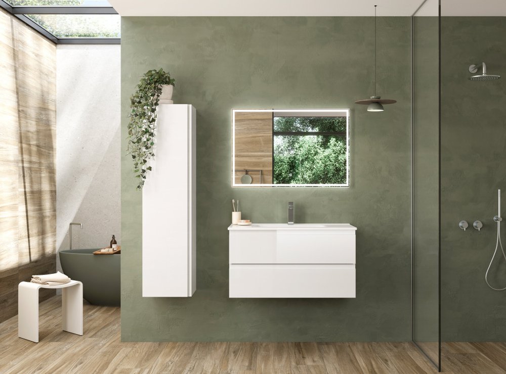 36" White Wood Freestanding Bathroom Vanity With White Sink And Two Drawers