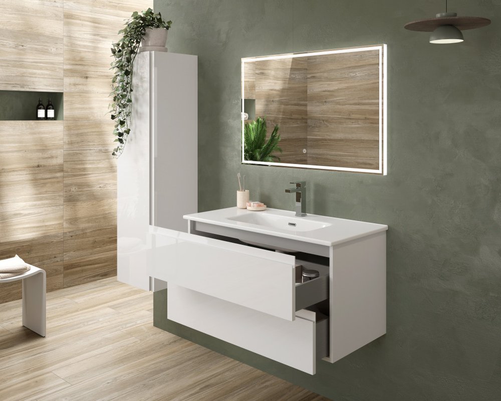 36" White Wood Freestanding Bathroom Vanity With White Sink And Two Drawers