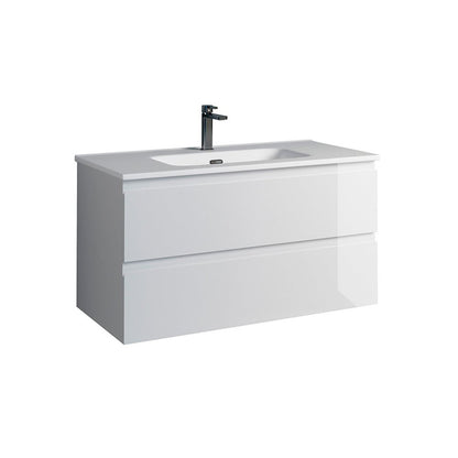 36" White Wood Freestanding Bathroom Vanity With White Sink And Two Drawers