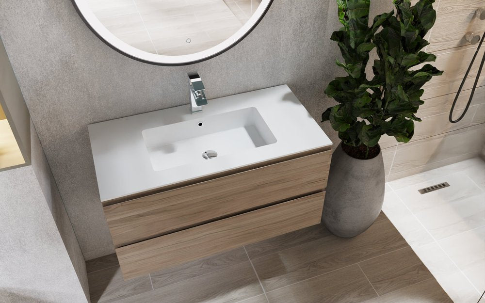 36" Natural Wood Freestanding Bathroom Vanity With White Sink And Two Drawers