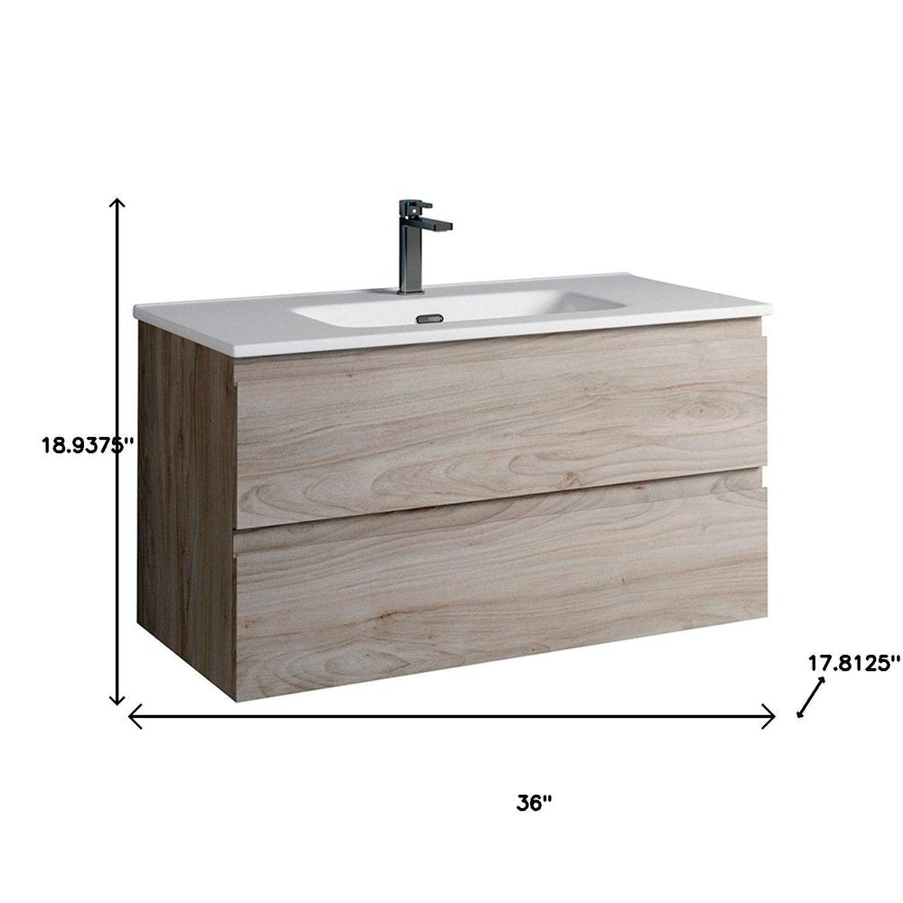 36" Natural Wood Freestanding Bathroom Vanity With White Sink And Two Drawers