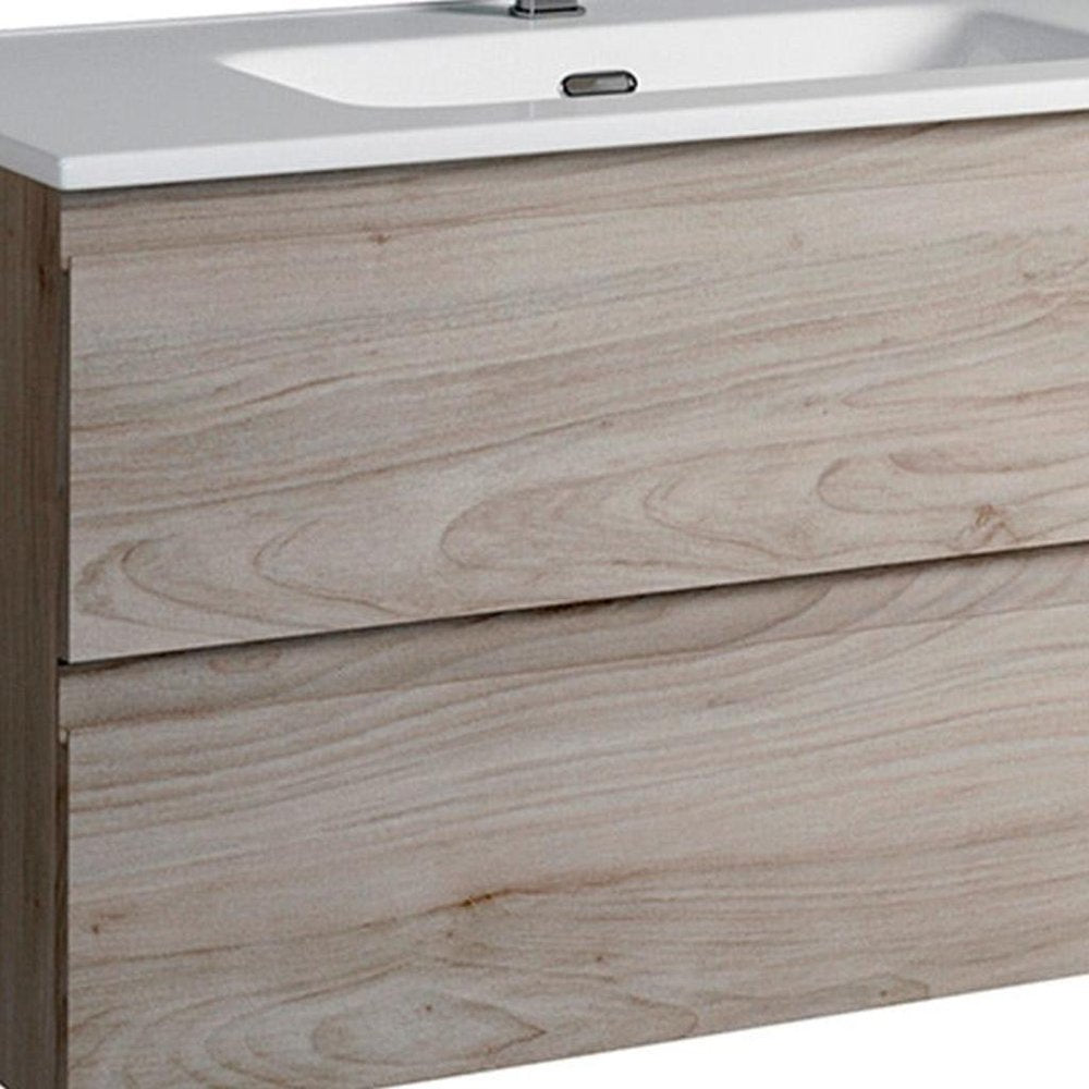 36" Natural Wood Freestanding Bathroom Vanity With White Sink And Two Drawers
