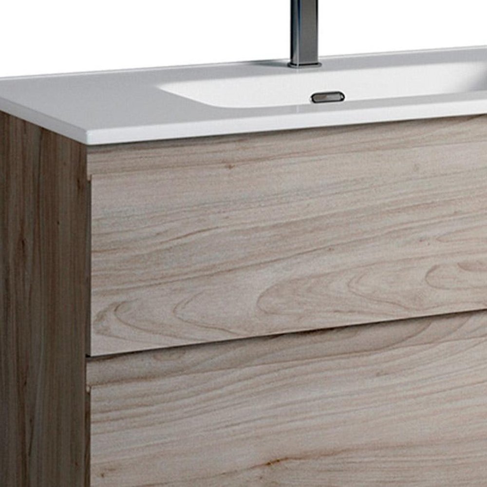 36" Natural Wood Freestanding Bathroom Vanity With White Sink And Two Drawers