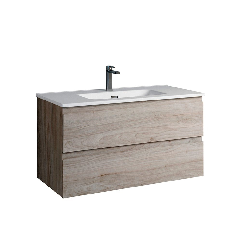 36" Natural Wood Freestanding Bathroom Vanity With White Sink And Two Drawers