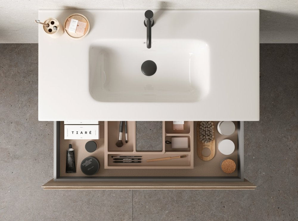 36" Natural Wood Freestanding Bathroom Vanity With White Sink And Two Drawers