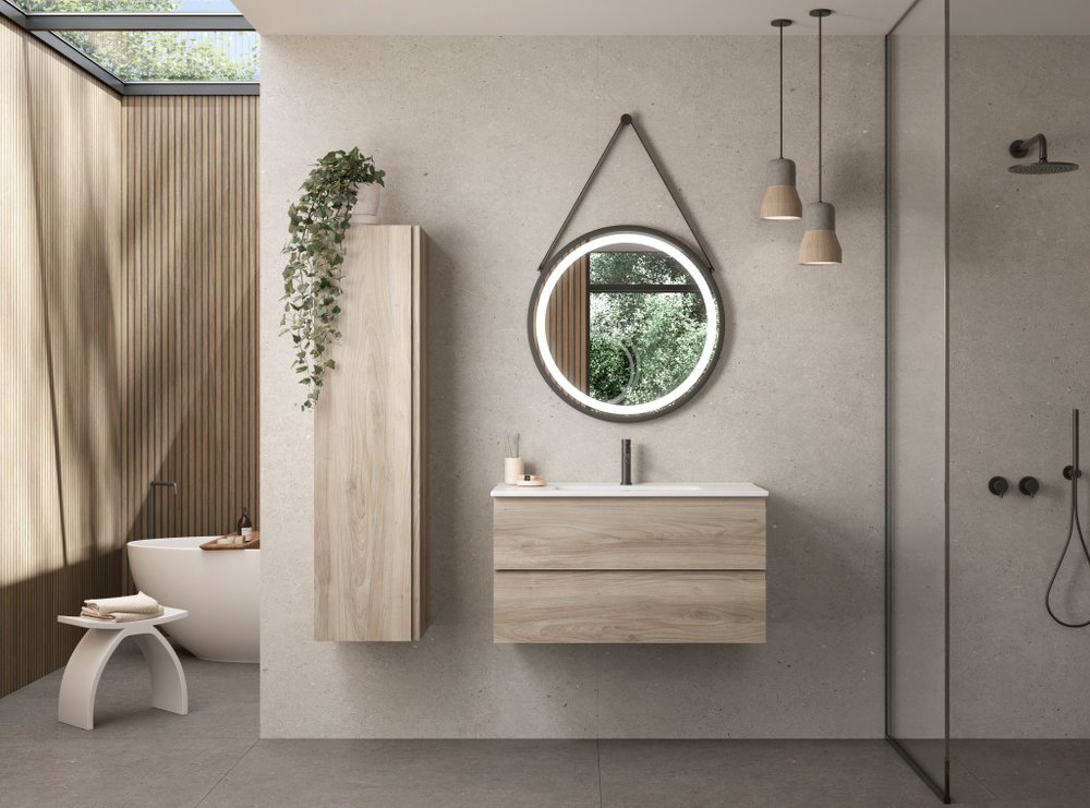 36" Natural Wood Freestanding Bathroom Vanity With White Sink And Two Drawers