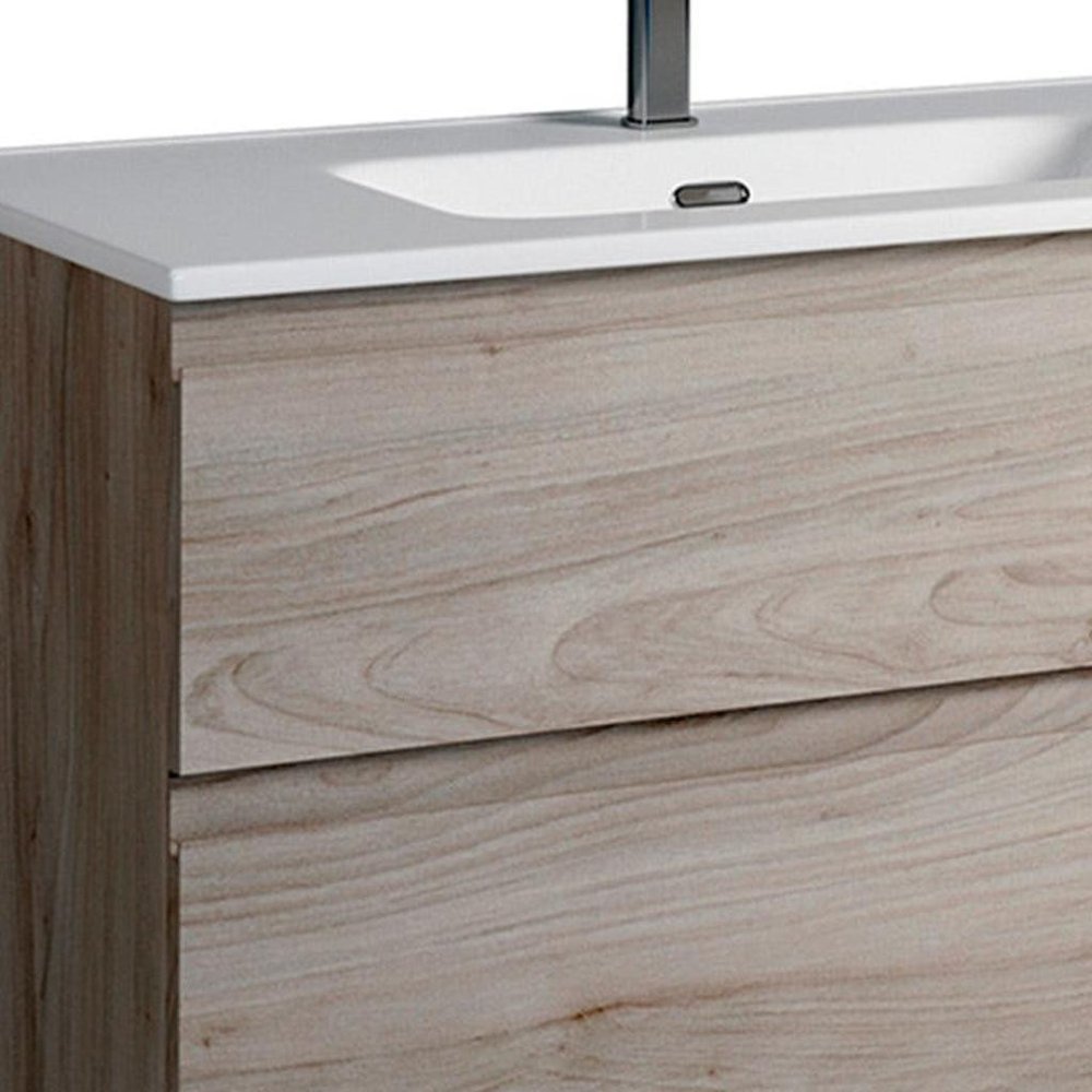 36" Natural Wood Freestanding Bathroom Vanity With White Sink And Two Drawers