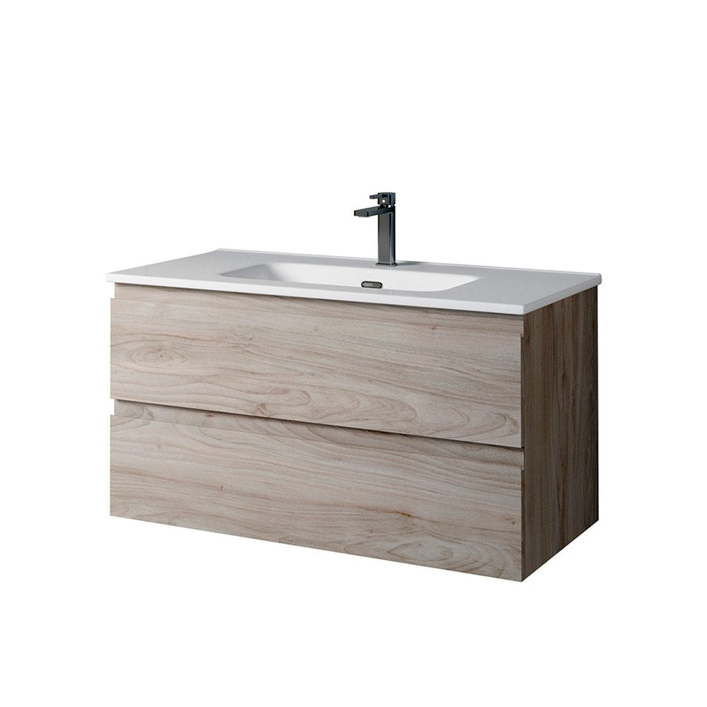 36" Natural Wood Freestanding Bathroom Vanity With White Sink And Two Drawers