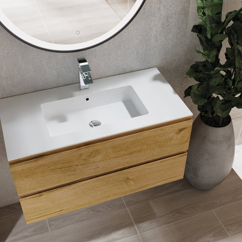 36" Oak Wood Freestanding Bathroom Vanity With White Sink And Two Drawers