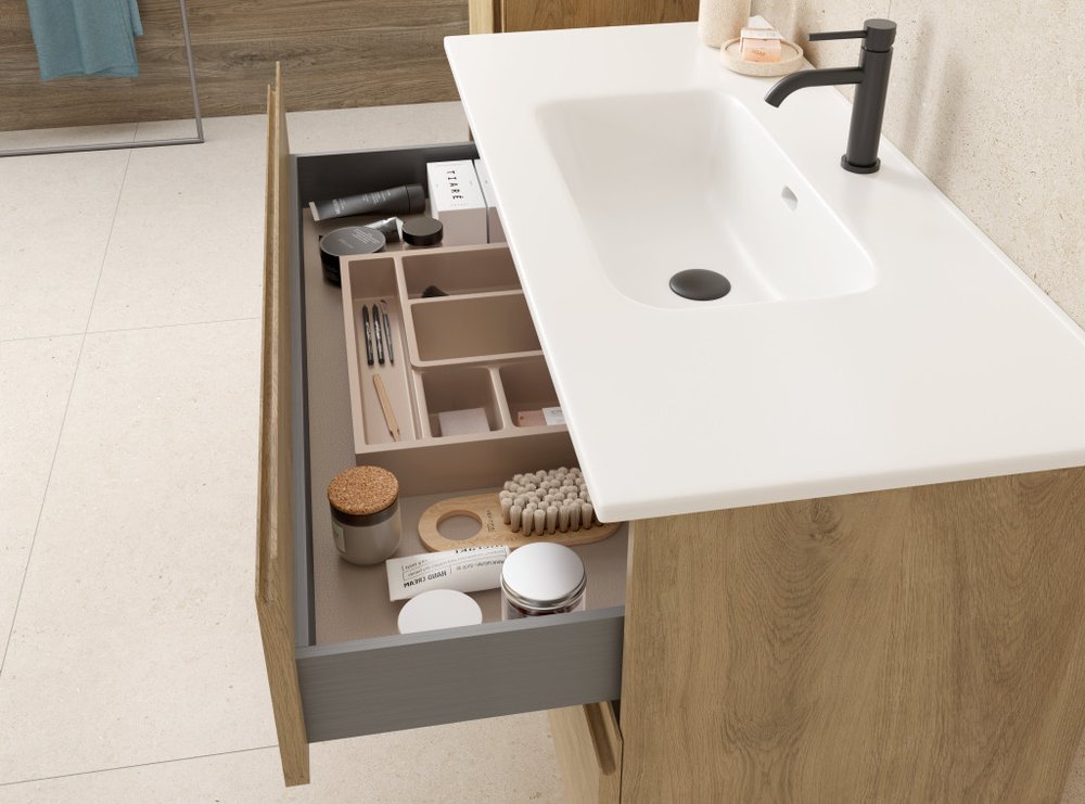 36" Oak Wood Freestanding Bathroom Vanity With White Sink And Two Drawers