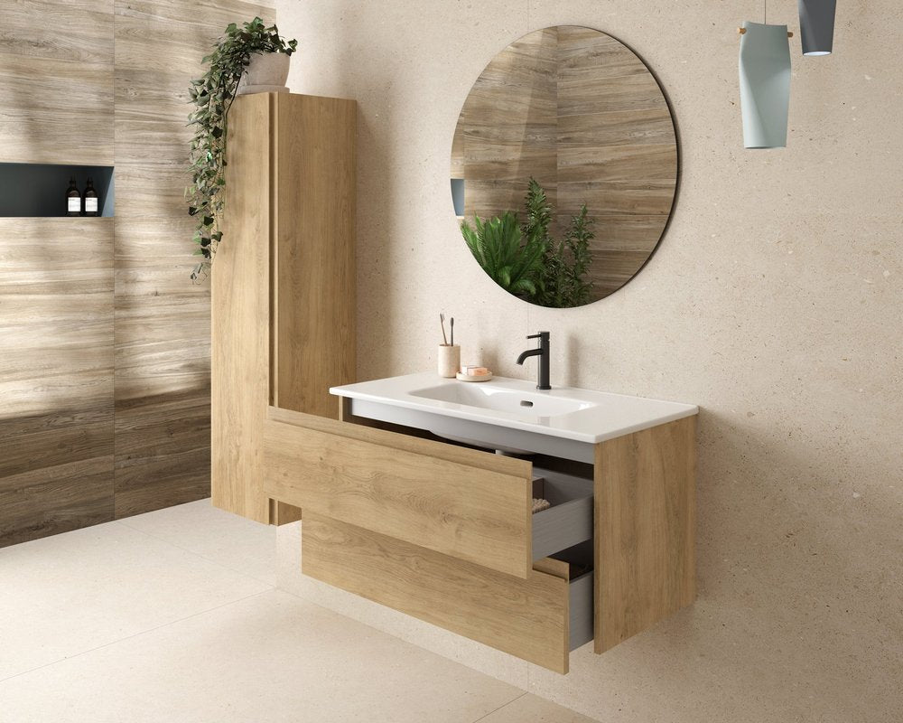 36" Oak Wood Freestanding Bathroom Vanity With White Sink And Two Drawers