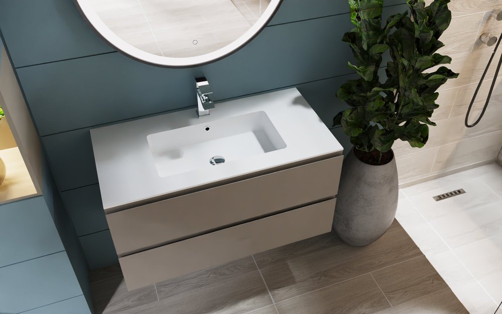 36" Light Brown Wood Freestanding Bathroom Vanity With White Sink And Two Drawers