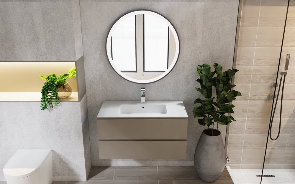 36" Light Brown Wood Freestanding Bathroom Vanity With White Sink And Two Drawers