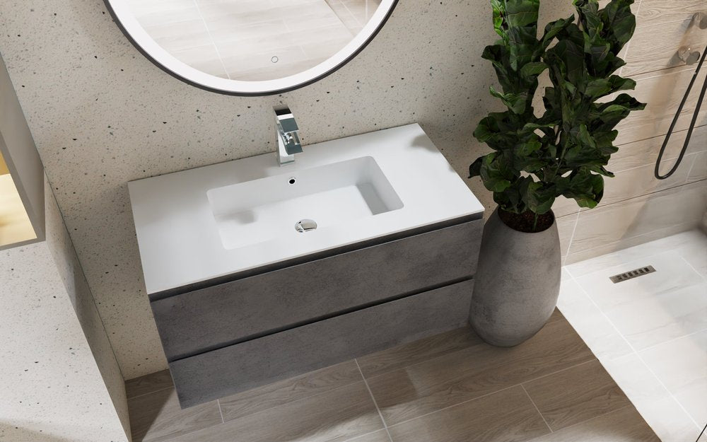 36" Gray Wood Freestanding Bathroom Vanity With White Sink And Two Drawers