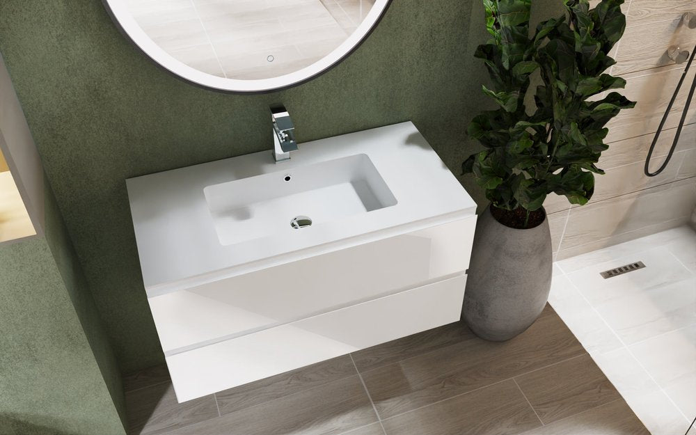 40" White Wood Freestanding Bathroom Vanity With White Sink And Two Drawers