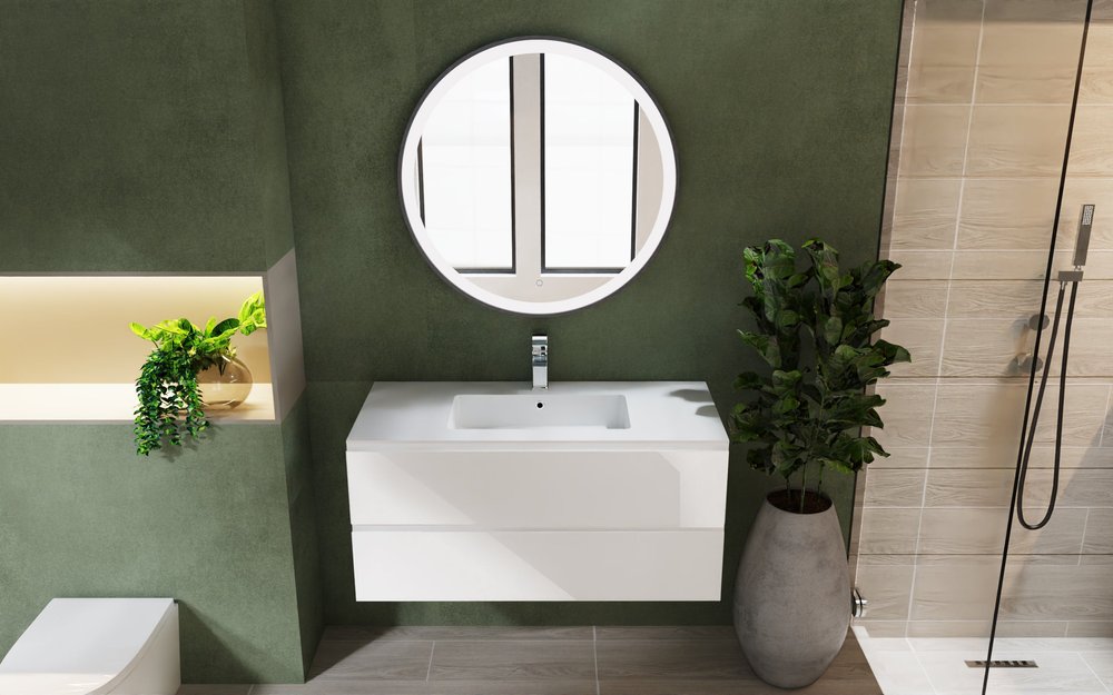 40" White Wood Freestanding Bathroom Vanity With White Sink And Two Drawers