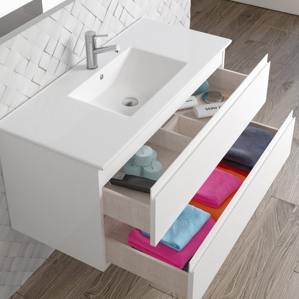40" White Wood Freestanding Bathroom Vanity With White Sink And Two Drawers