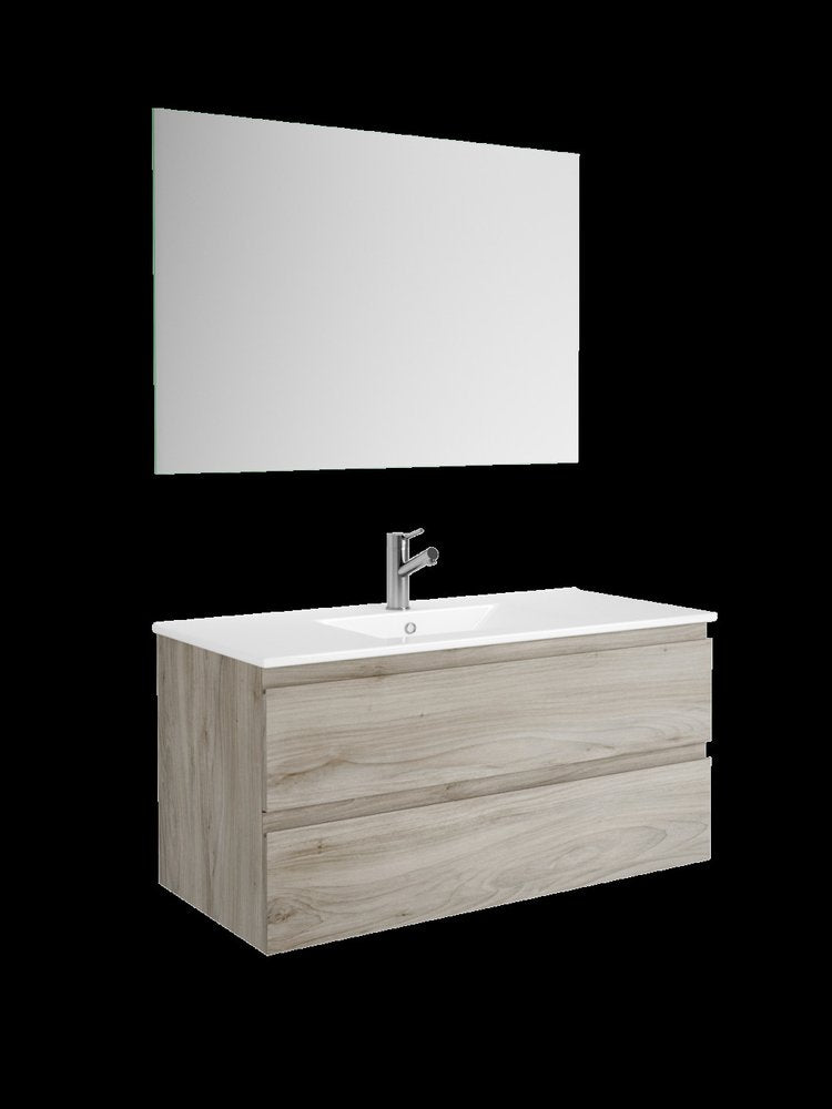 40" Natural Wood Freestanding Bathroom Vanity With White Sink And Two Drawers