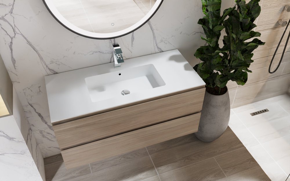 40" Natural Wood Freestanding Bathroom Vanity With White Sink And Two Drawers