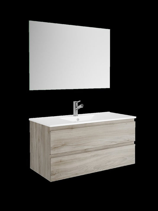 40" Natural Wood Freestanding Bathroom Vanity With White Sink And Two Drawers