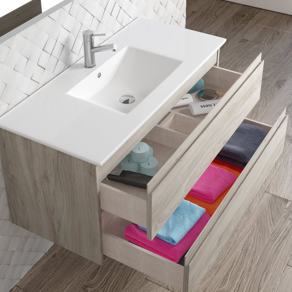 40" Natural Wood Freestanding Bathroom Vanity With White Sink And Two Drawers