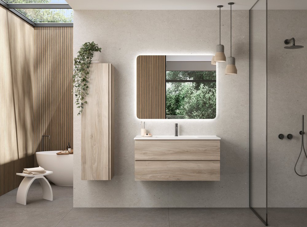 40" Natural Wood Freestanding Bathroom Vanity With White Sink And Two Drawers