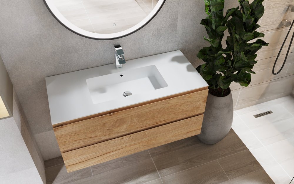 40" Oak Wood Freestanding Bathroom Vanity With White Sink And Two Drawers