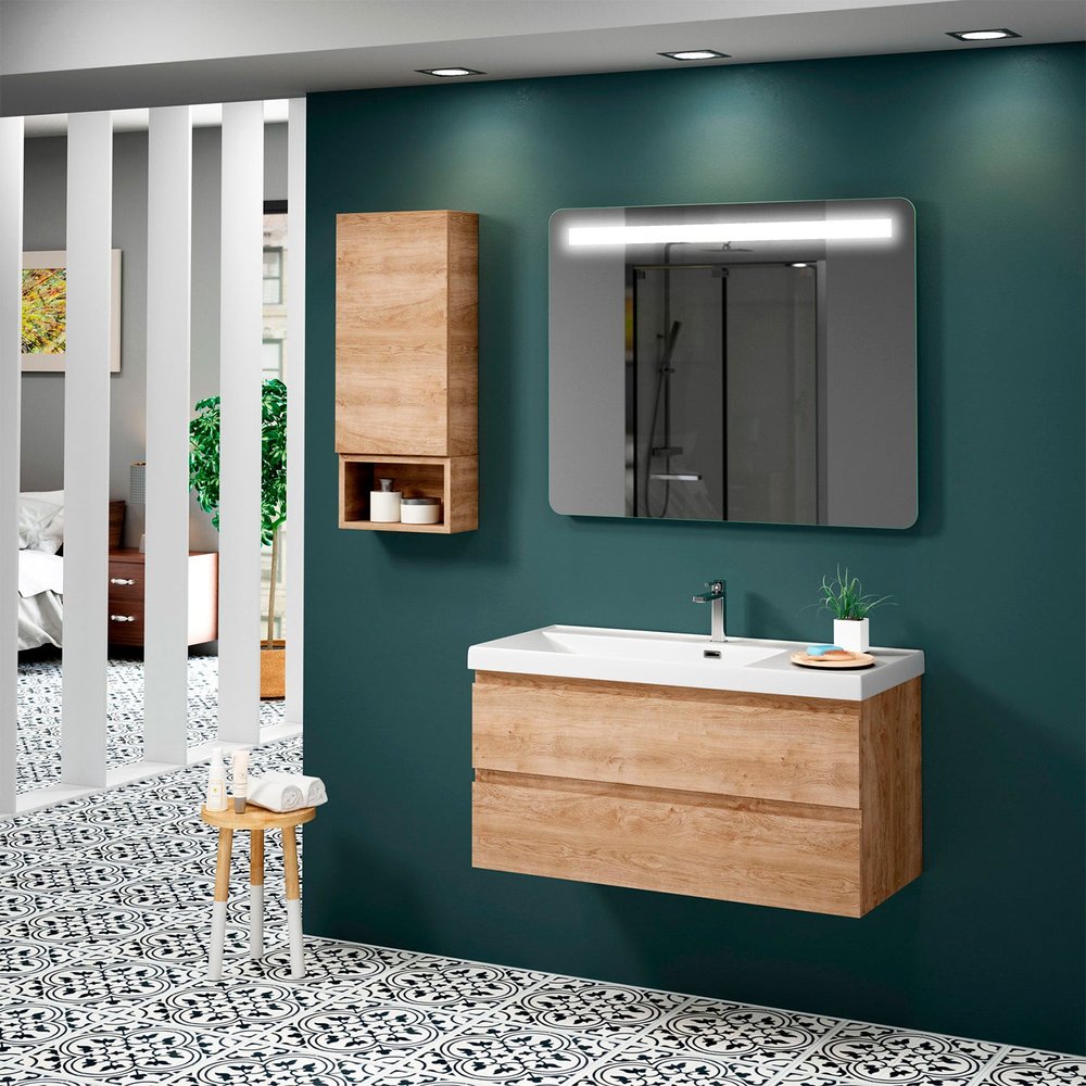 40" Oak Wood Freestanding Bathroom Vanity With White Sink And Two Drawers