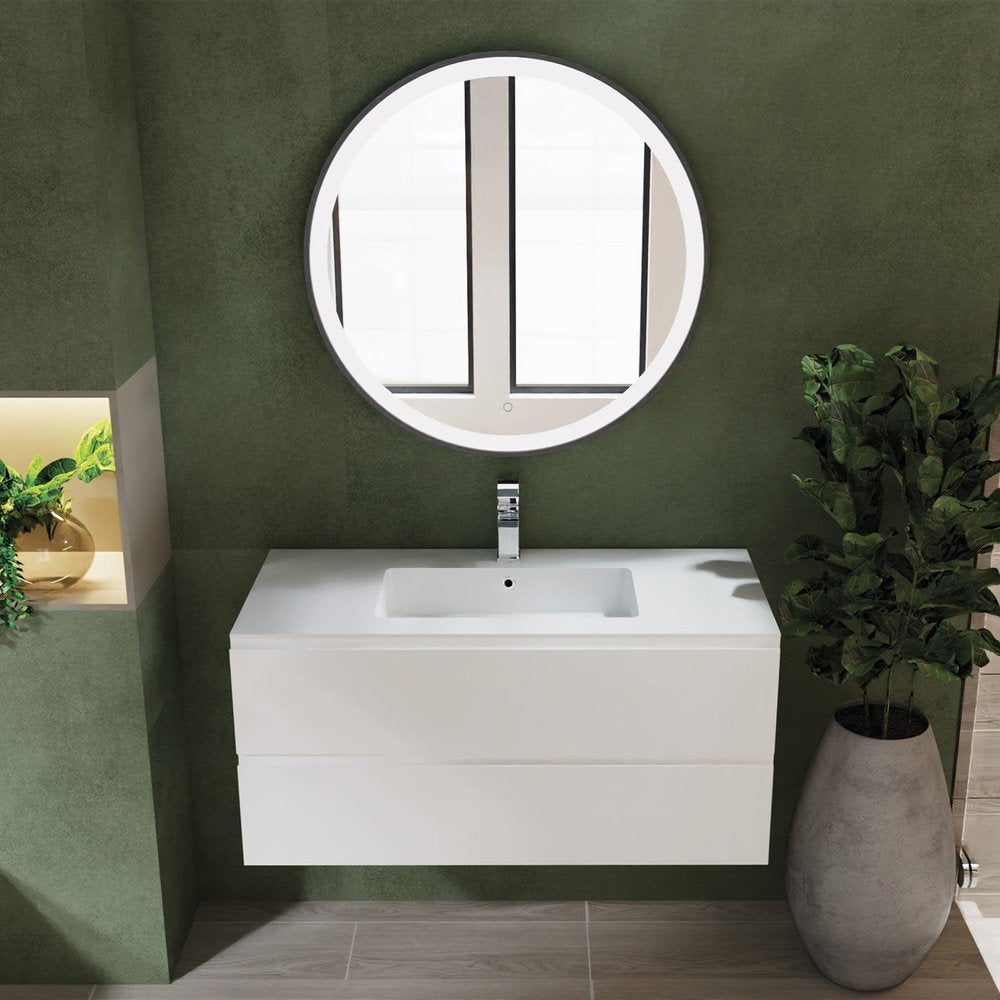 40" White Wood Freestanding Bathroom Vanity With White Sink And Two Drawers