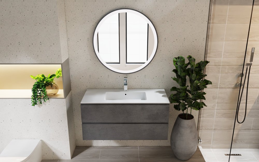 40" Gray Wood Freestanding Bathroom Vanity With White Sink And Two Drawers