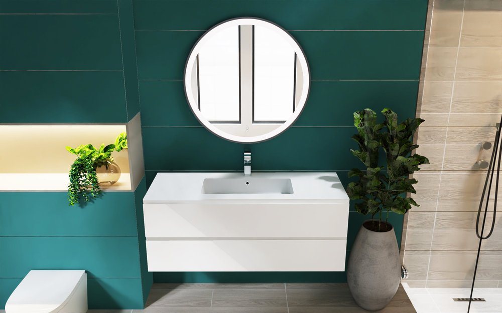 48" White Wood Freestanding Bathroom Vanity With White Sink And Two Drawers