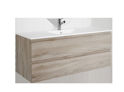 48" Natural Wood Freestanding Bathroom Vanity With White Sink And Two Drawers