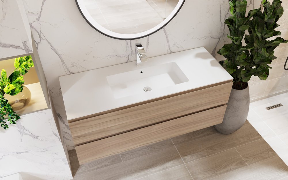 48" Natural Wood Freestanding Bathroom Vanity With White Sink And Two Drawers