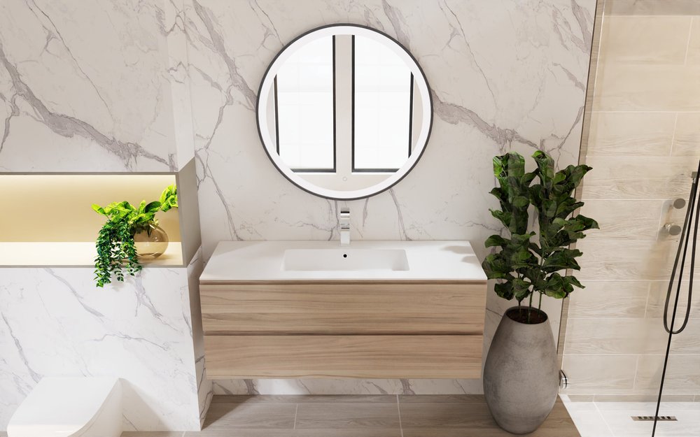 48" Natural Wood Freestanding Bathroom Vanity With White Sink And Two Drawers