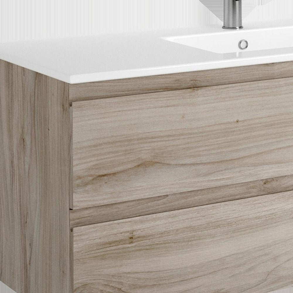 48" Natural Wood Freestanding Bathroom Vanity With White Sink And Two Drawers