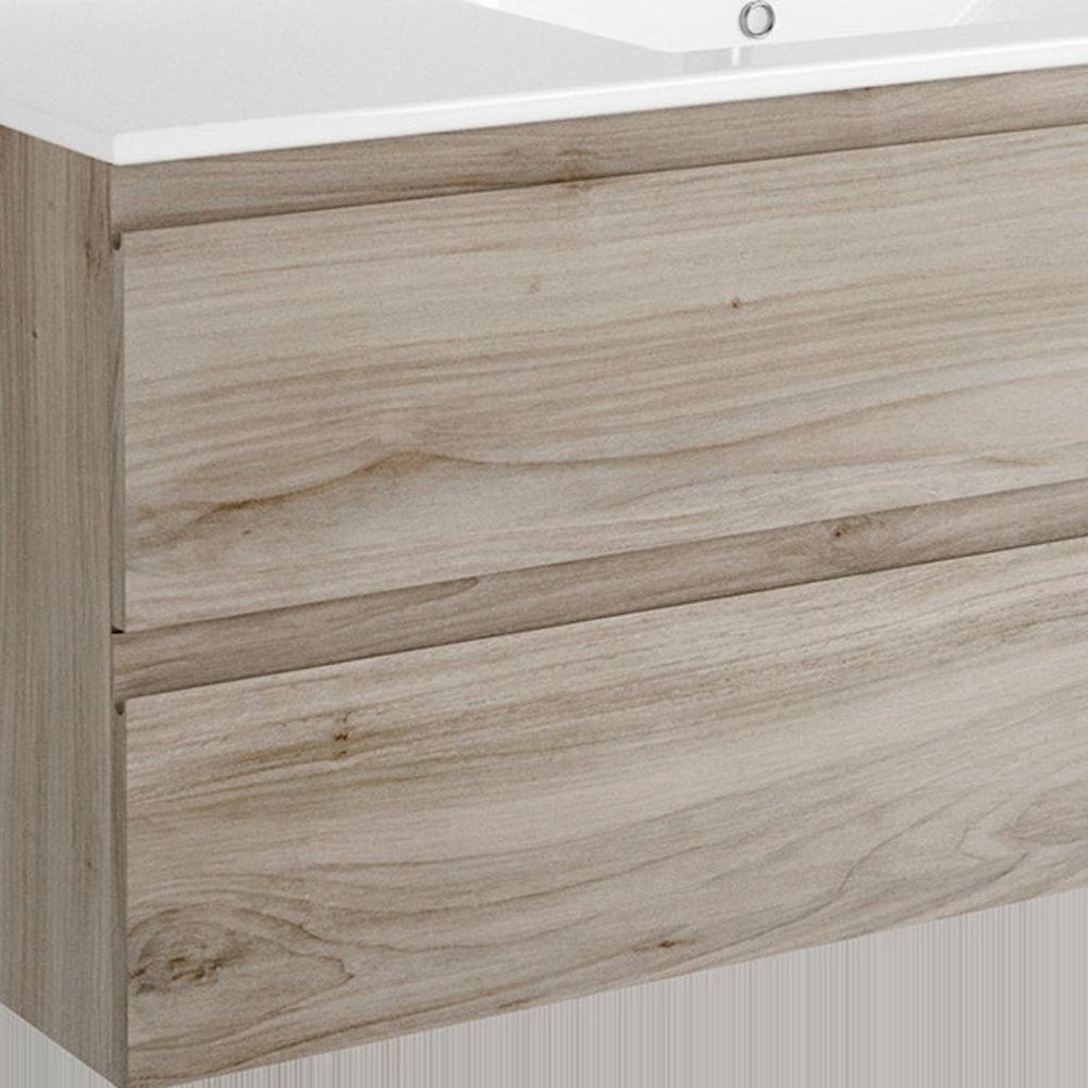 48" Natural Wood Freestanding Bathroom Vanity With White Sink And Two Drawers