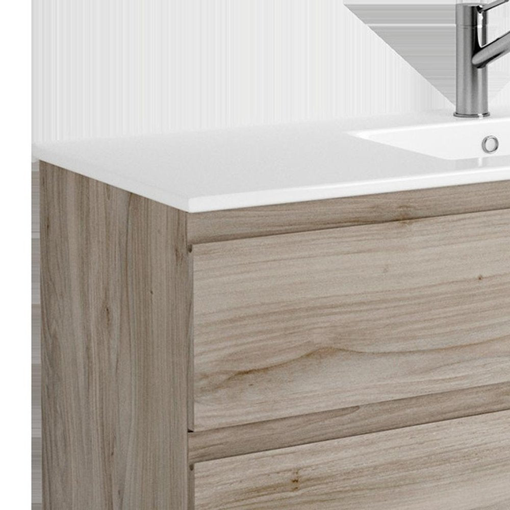 48" Natural Wood Freestanding Bathroom Vanity With White Sink And Two Drawers