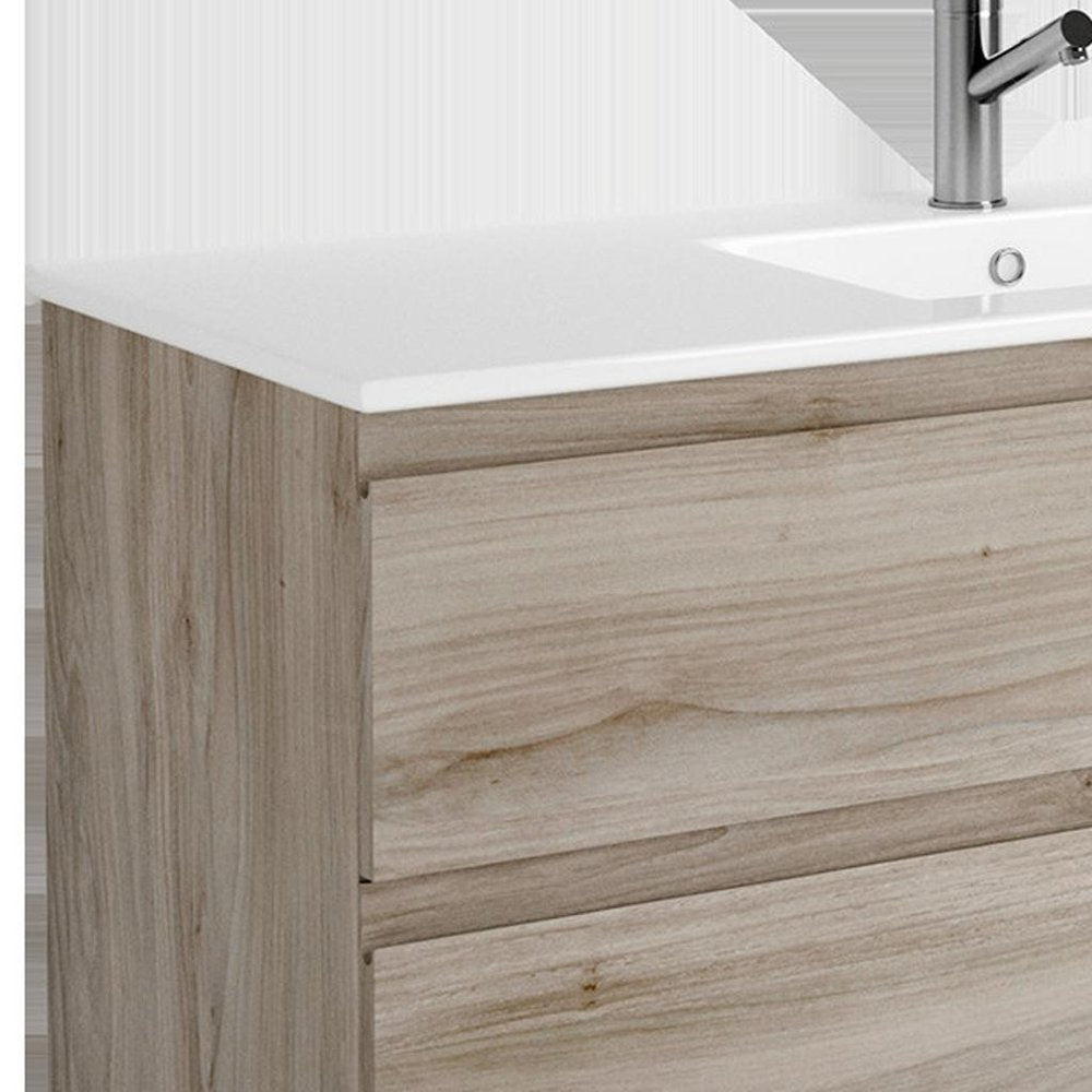 48" Natural Wood Freestanding Bathroom Vanity With White Sink And Two Drawers