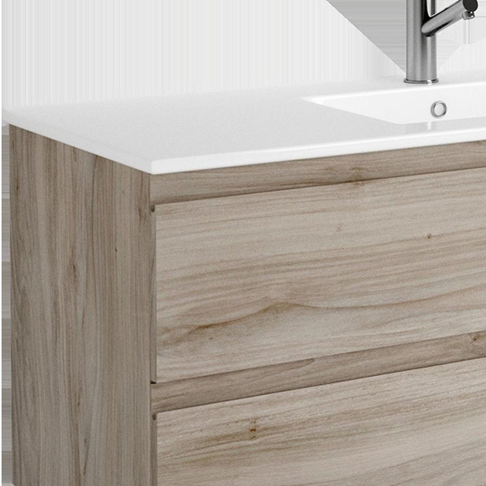 48" Natural Wood Freestanding Bathroom Vanity With White Sink And Two Drawers