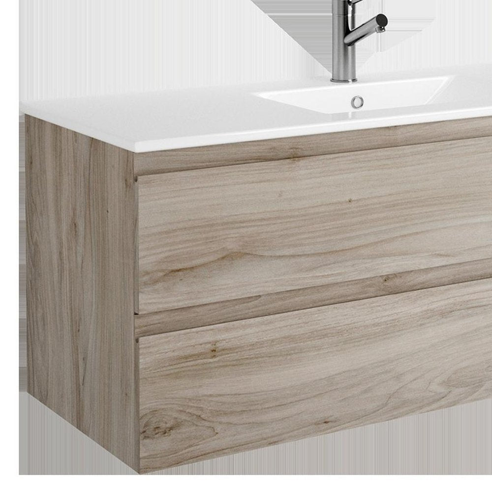 48" Natural Wood Freestanding Bathroom Vanity With White Sink And Two Drawers