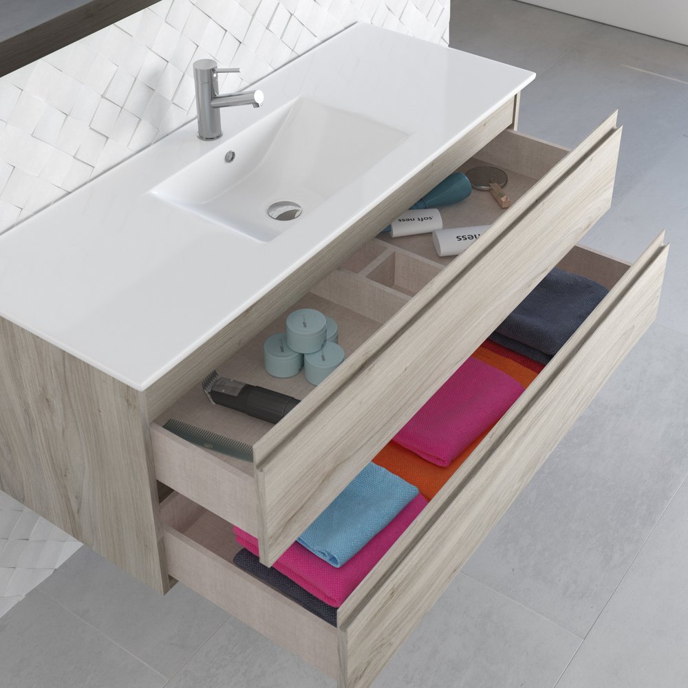 48" Natural Wood Freestanding Bathroom Vanity With White Sink And Two Drawers