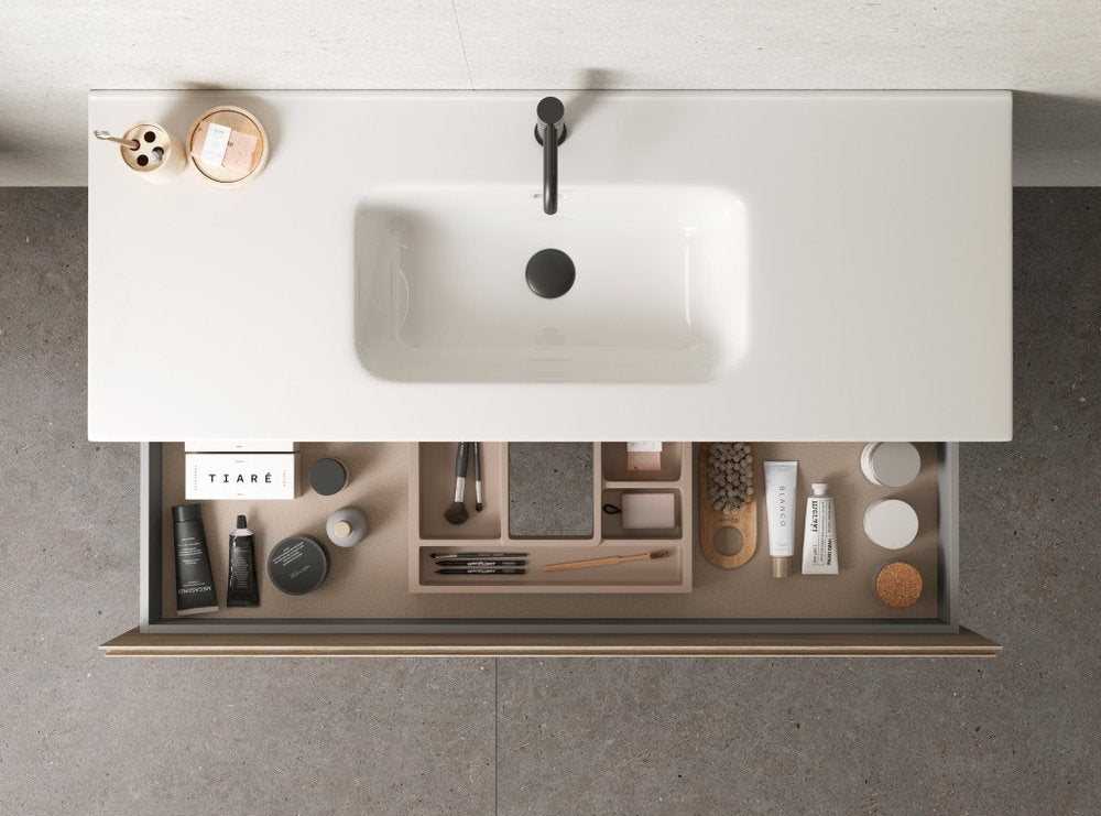 48" Natural Wood Freestanding Bathroom Vanity With White Sink And Two Drawers